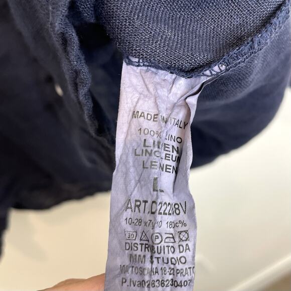 Puro Lino Italy 100% Linen Top Womens Large Navy Blue Long Sleeve Button Up - Picture 5 of 5